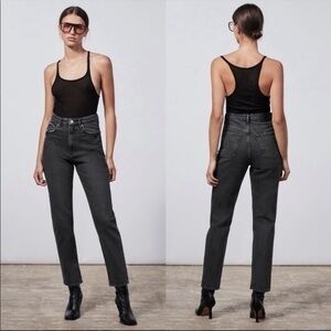New Zara Classic Mom Fit Black Jeans Distressed High Rise Ankle Length S…